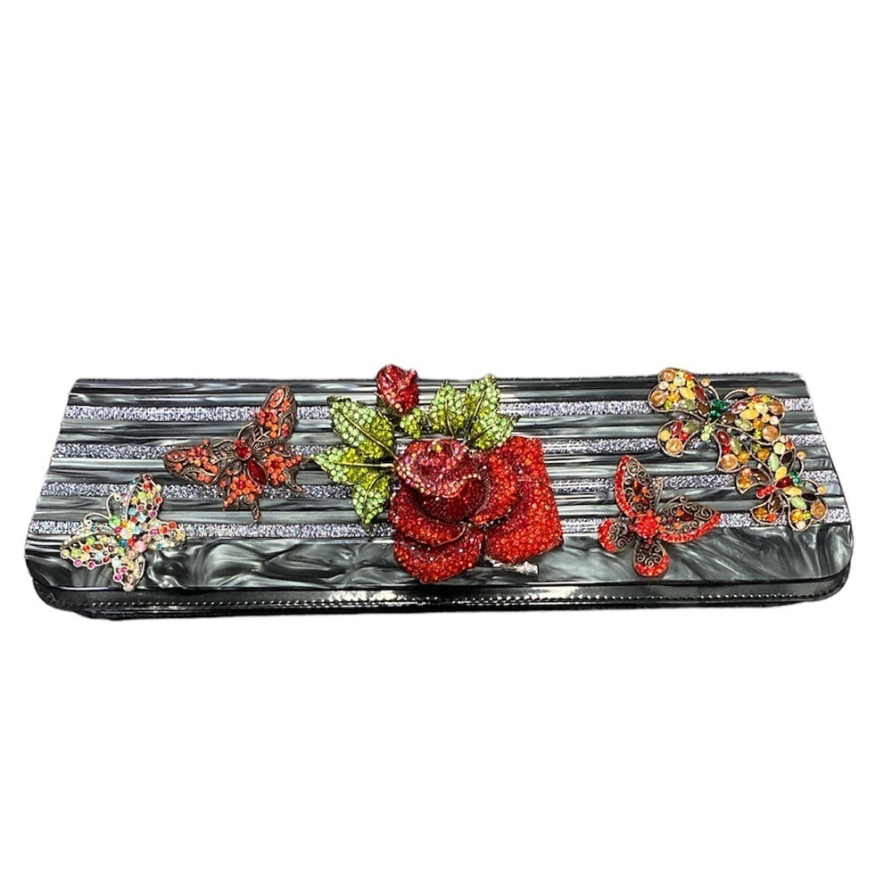 Iris Lane NWT Unique Bedazzled Butterflies Roses Crossbody Clutch Handbag